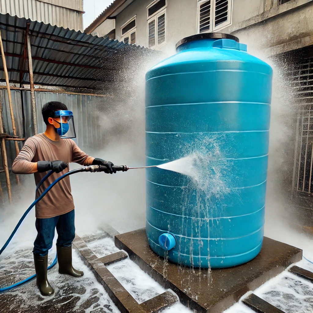 DALL·E 2025-02-12 20.14.38 - A worker is cleaning a 1000-litre PVC blue water tank using a high-pressure water jet. The tank is cylindrical and placed outdoors. The worker is wear DALL·E 2025-02-12 20.14.38 - A worker is cleaning a 1000-litre PVC blue water tank using a high-pressure water jet. The tank is cylindrical and placed outdoors. The worker is wear